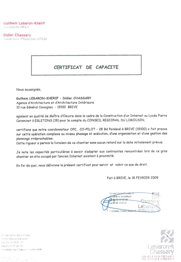 Certificat Architecte Lebaron-Kherif Chassary Co.Pilot