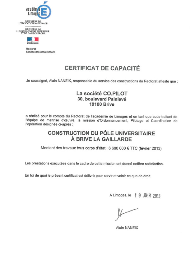 Certificat Ministère Education Co.Pilot